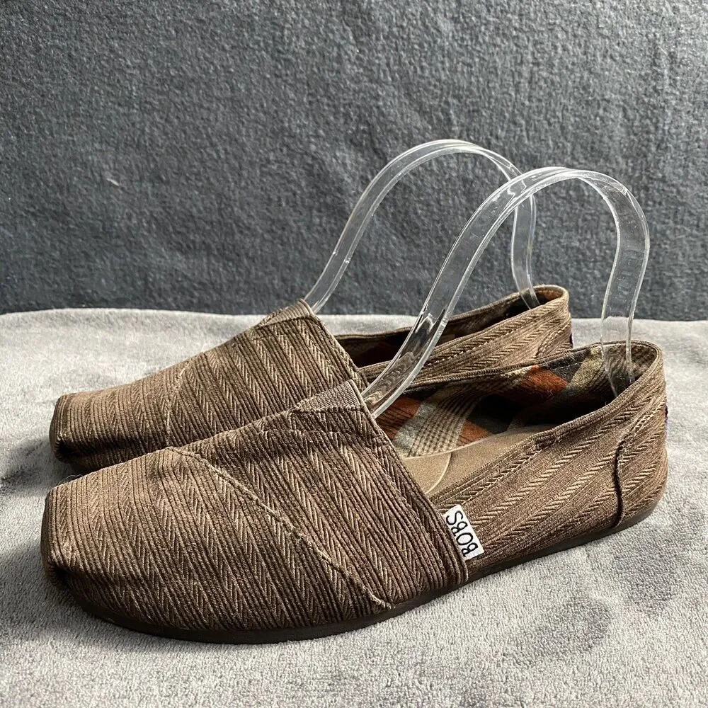 Skechers BOBS Womens Size 8 Brown Canvas Slip On Flats Memory Foam Comfort Shoes